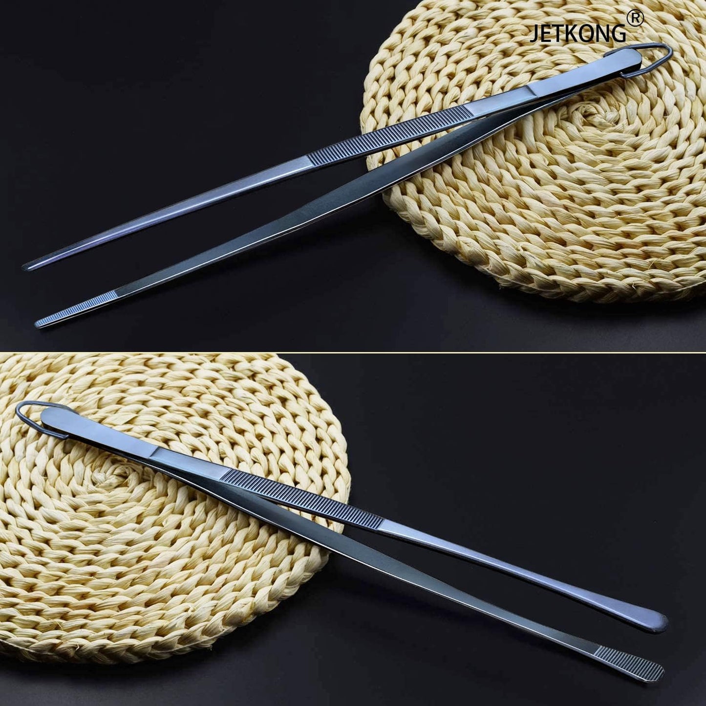 JETKONG 2 Pcs 12-Inch Kitchen Tweezers Fine Tweezer Tongs, Extra-Long Stainless Steel Cooking Tweezers (Silver)