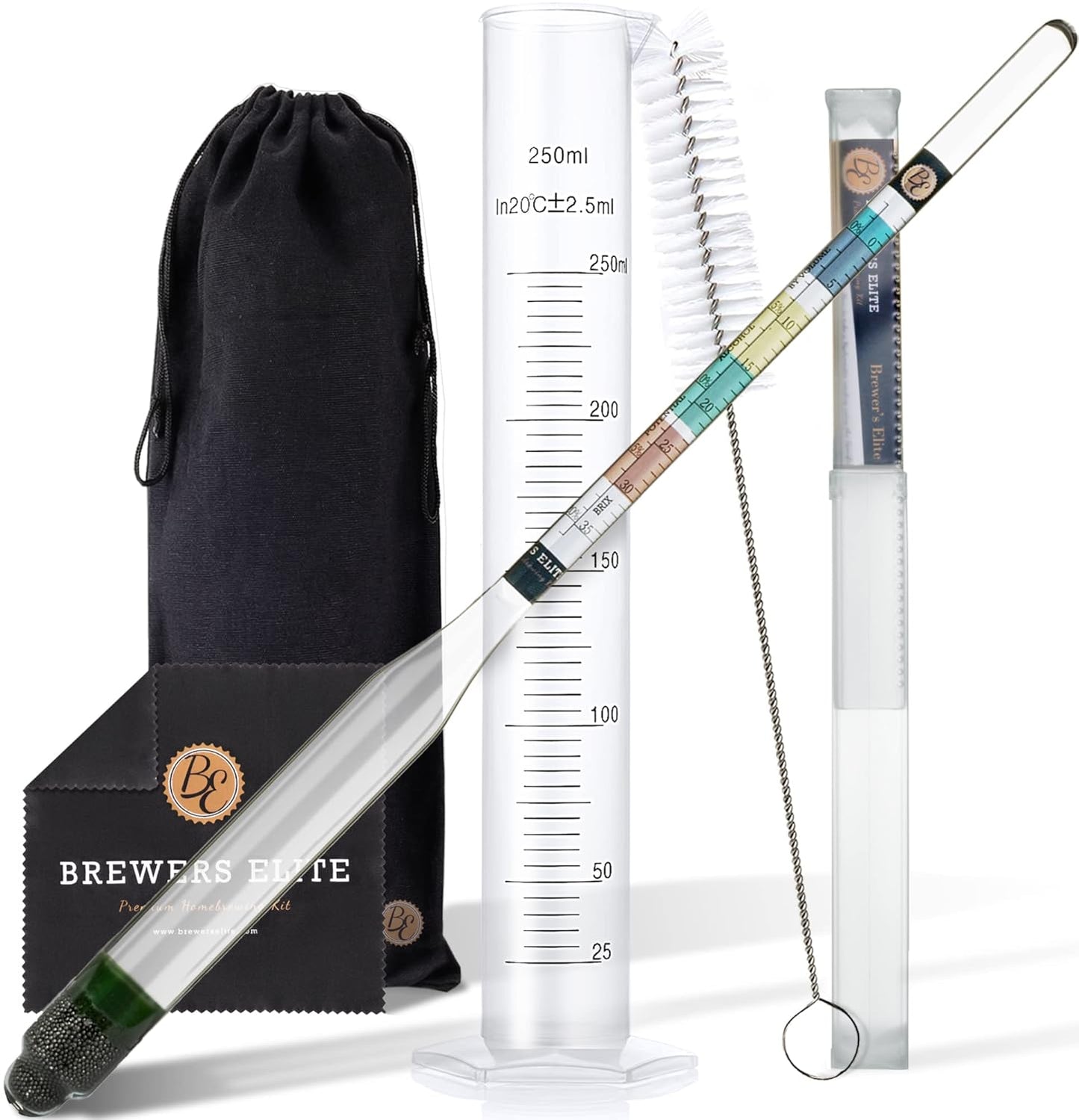 Brewer's Elite Hydrometer for Home Brew Beer, Wine, Mead and Kombucha - Deluxe Triple Scale Set with Hardcase and Cloth - Specific Gravity ABV Tester