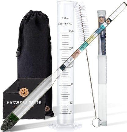 Brewer's Elite Hydrometer for Home Brew Beer, Wine, Mead and Kombucha - Deluxe Triple Scale Set with Hardcase and Cloth - Specific Gravity ABV Tester