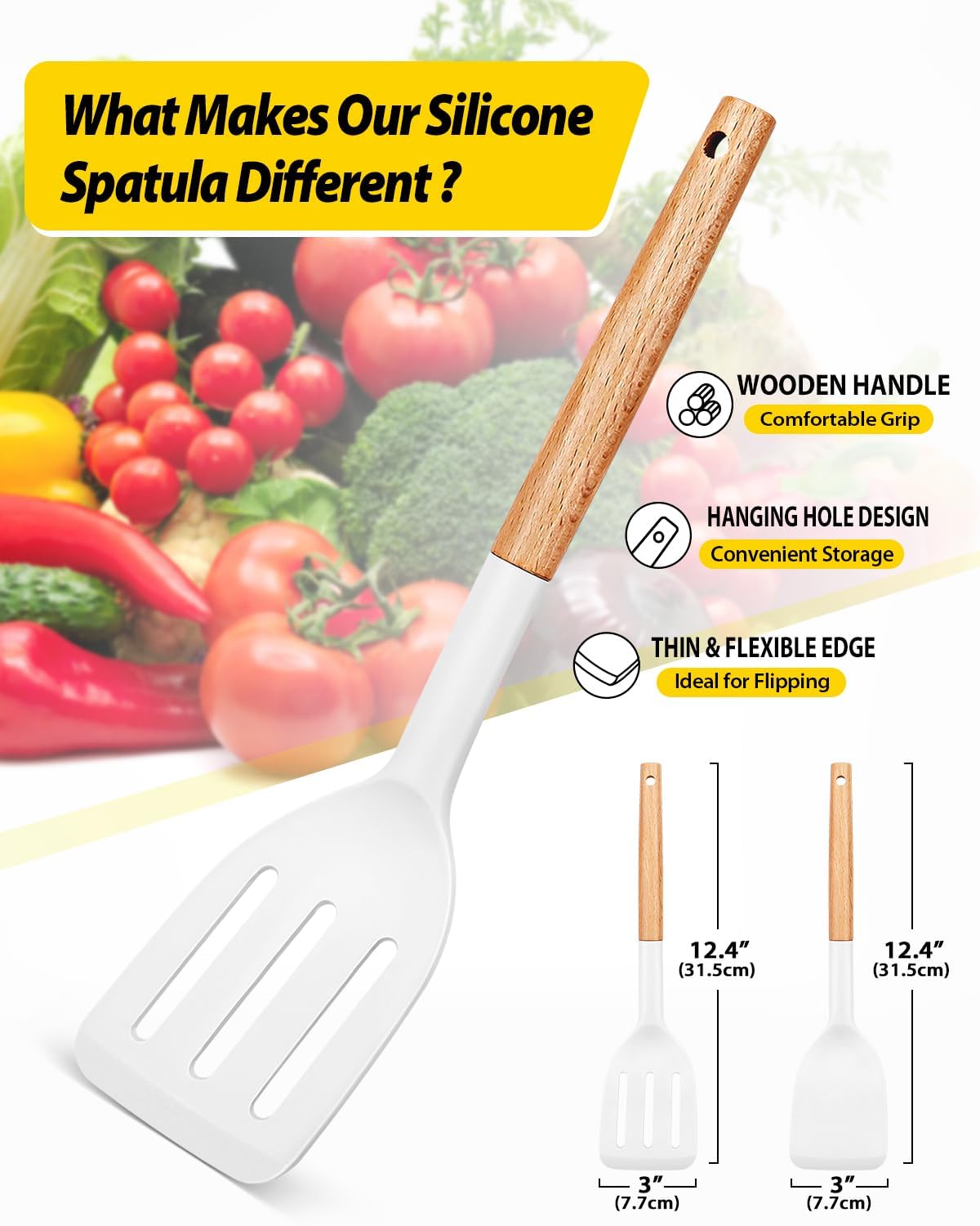 Pack of 2 Silicone Cooking Spatula, Heat Resistant Solid Turner, Non Stick Slotted Spatulas with Wooden Short Handle,Ideal Wood Kitchen Utensils Set for Frying, Baking, Flipping, Turning