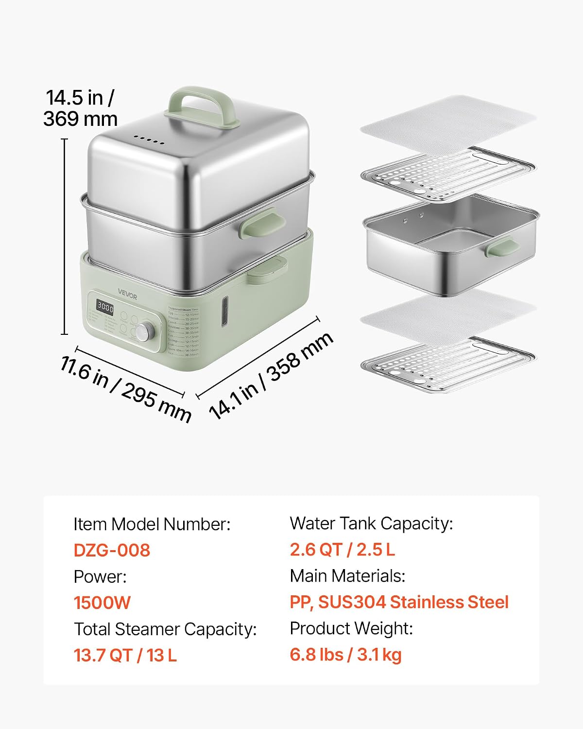 VEVOR Electric Food Steamer 13.7 QT 2-Tier Stainless Steel for 3-6 Servings, 1500W Vegetable & Meal Steamer for Cooking with 9 Pre-Programmed Settings, Keep Warm, for Veggies, Seafood & Rice, Green