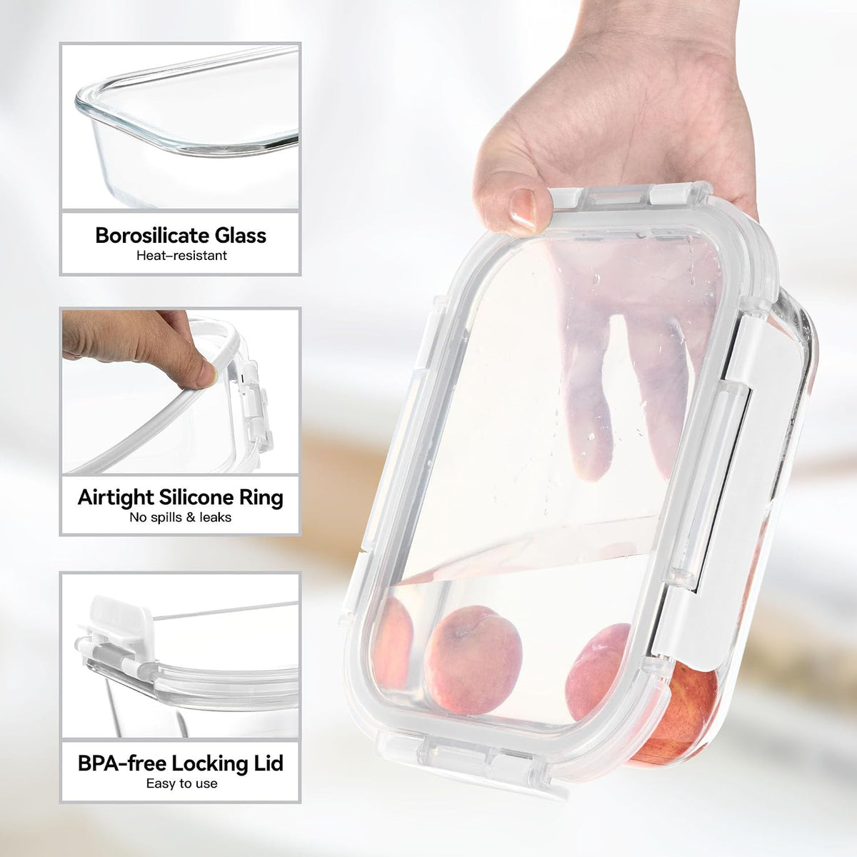 BAYZZ Glass Food Storage Containers, 5 Pack 35 Oz Glass Meal Prep Containers, Lunch Boxes with Airtight BPA-Free Lids, Microwave, Freezer and Dishwasher Safe