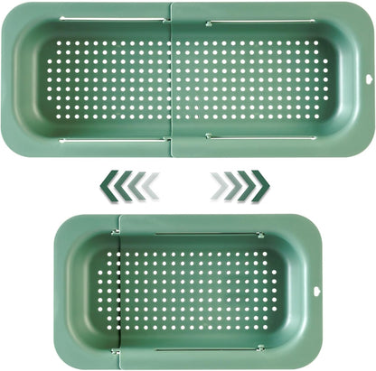 Extendable Sink Colander Strainer Basket - Wash Vegetables and Fruits, Drain Cooked Pasta and Dry Dishes - Adjustable Over the Sink Colander Collapsible Drainer Basket - White