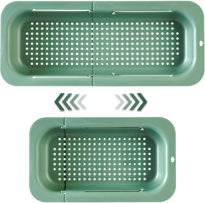 Extendable Sink Colander Strainer Basket - Wash Vegetables and Fruits, Drain Cooked Pasta and Dry Dishes - Adjustable Over the Sink Colander Collapsible Drainer Basket - White
