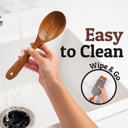 PriorityChef Wooden Slotted Spoon - Premium Teak Cooking Utensil for Frying, Straining & Serving - Long Handle Kitchen Spoon for Nonstick Cookware - Handcrafted Durable Wood