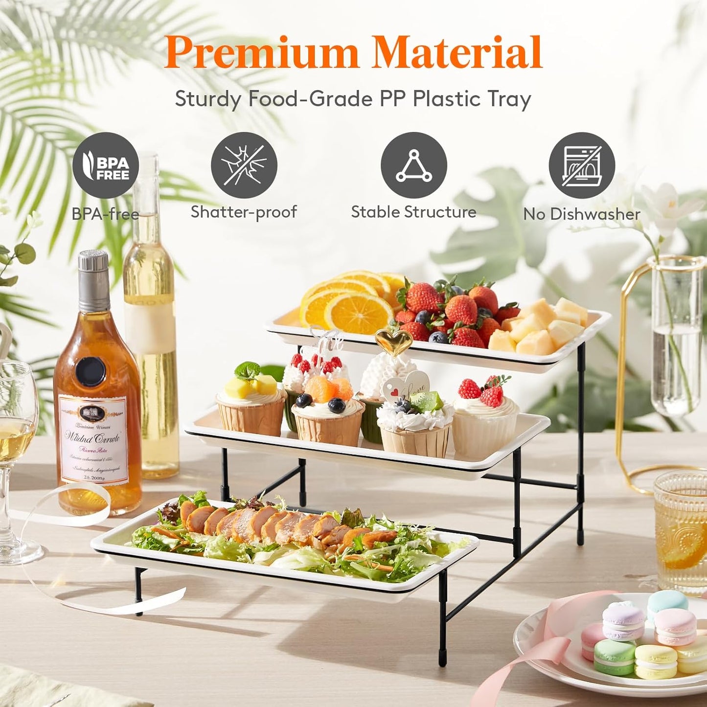 Lifewit 3 Tier Serving Tray, 30 x 17 cm/12 x 6.5" White Plastic Tiered Food Serving Platters, Tiered Tray Stand for Party with Black Collapsible Metal Stand, Dessert Display Stand for Cookies/Crackers