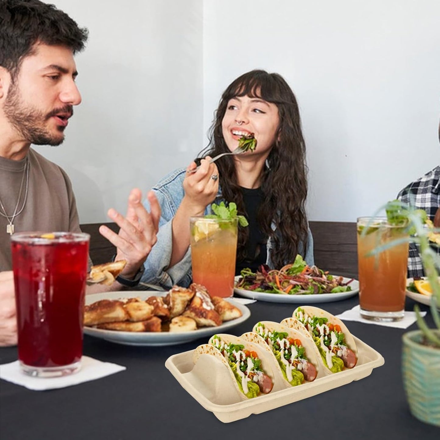 CertBuy 100 Pack Disposable Taco Holders for Party, Premium Disposable Taco Plates with Divider, Paper Taco Holder Plates Trays for 3 Tacos, Taco Tuesday, Taco Bar Serving Set for a Party
