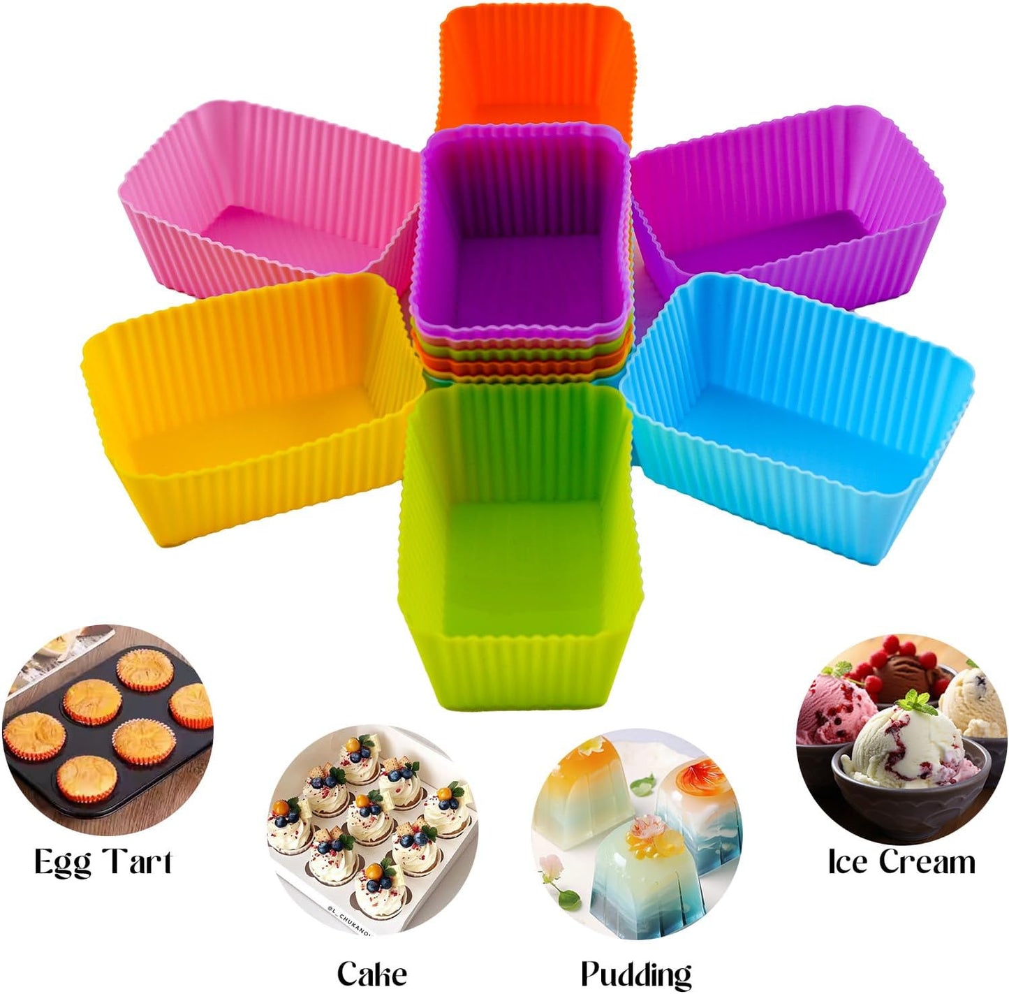 12 Pack Reusable Baking Silicone Molds, Round Cupcake Liners, Silicone Baking Cups Multicolor, Easy Clean, Heat Resistant, Muffin Cups for Homemade Birthday