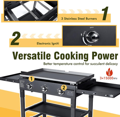 Propane Gas Griddle Charcoal Grill Combo Flat Top Griddle W/Dual Lids & 2 Side Shelves Dual Fuel BBQ Grill for Outdoor Barbecue