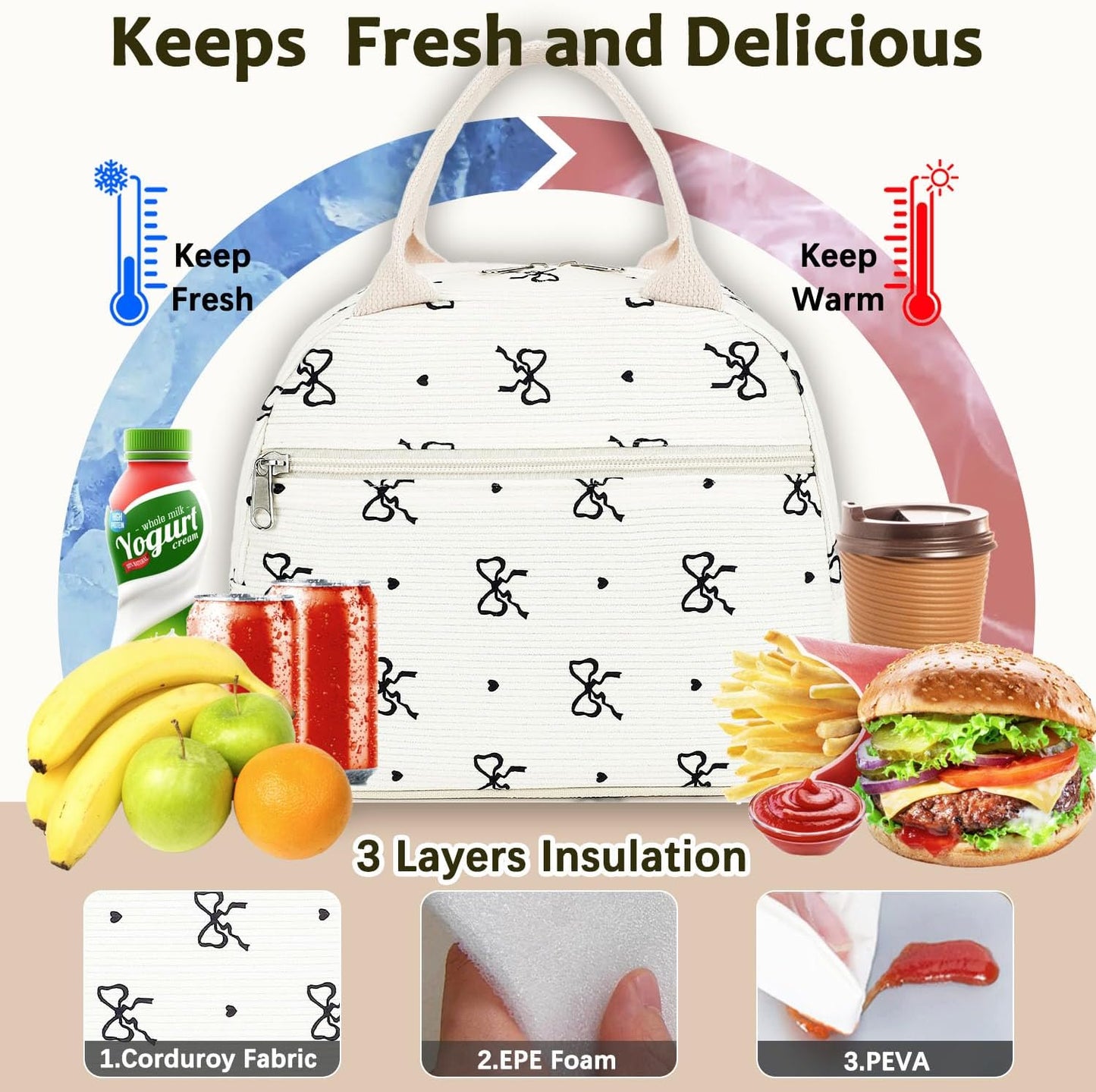 GYEUKHAM Lunch Bag Women, Lunch Box for Adult Men Kids Girls, Small Cute Lunchbox Tote Large Capacity Insulated Lunch Container Cooler for Work School Picnic Travel, Black White Stripes