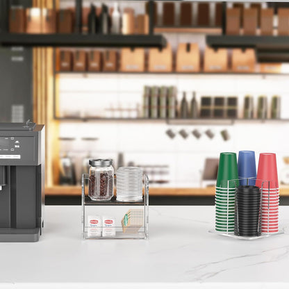 Disposable Coffee Cup Dispenser with Handles, 2-Tier 4 Compartments Clear Acrylic Paper Cup and Lid Storage Organizer for Coffee Bar Kitchen Accessories Restaurant Breakroom Party Supplies