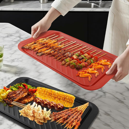Grill Prep Trays Set of 2, 17.2 x 10.5 in Melamine BBQ Serving Trays with Tongs, Red and Black Nesting Trays for Prep and Serve, Dishwasher Safe