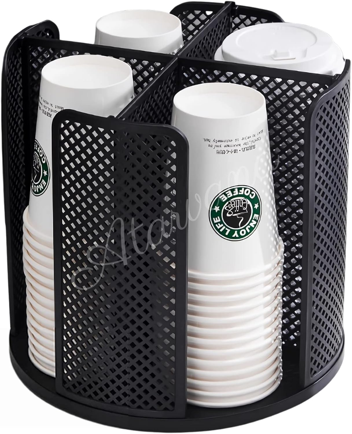 Rotatable Coffee Cup Dispenser with 4 Compartments, Atavarna Cups and Lids Holder for 5-16oz Cups Organizer for Restaurant, Coffee Station, Bar, Office, Home-9.25" x 9.25" x 8.66"