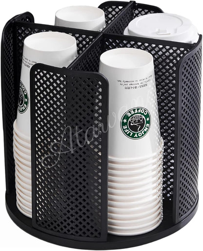 Rotatable Coffee Cup Dispenser with 4 Compartments, Atavarna Cups and Lids Holder for 5-16oz Cups Organizer for Restaurant, Coffee Station, Bar, Office, Home-9.25" x 9.25" x 8.66"