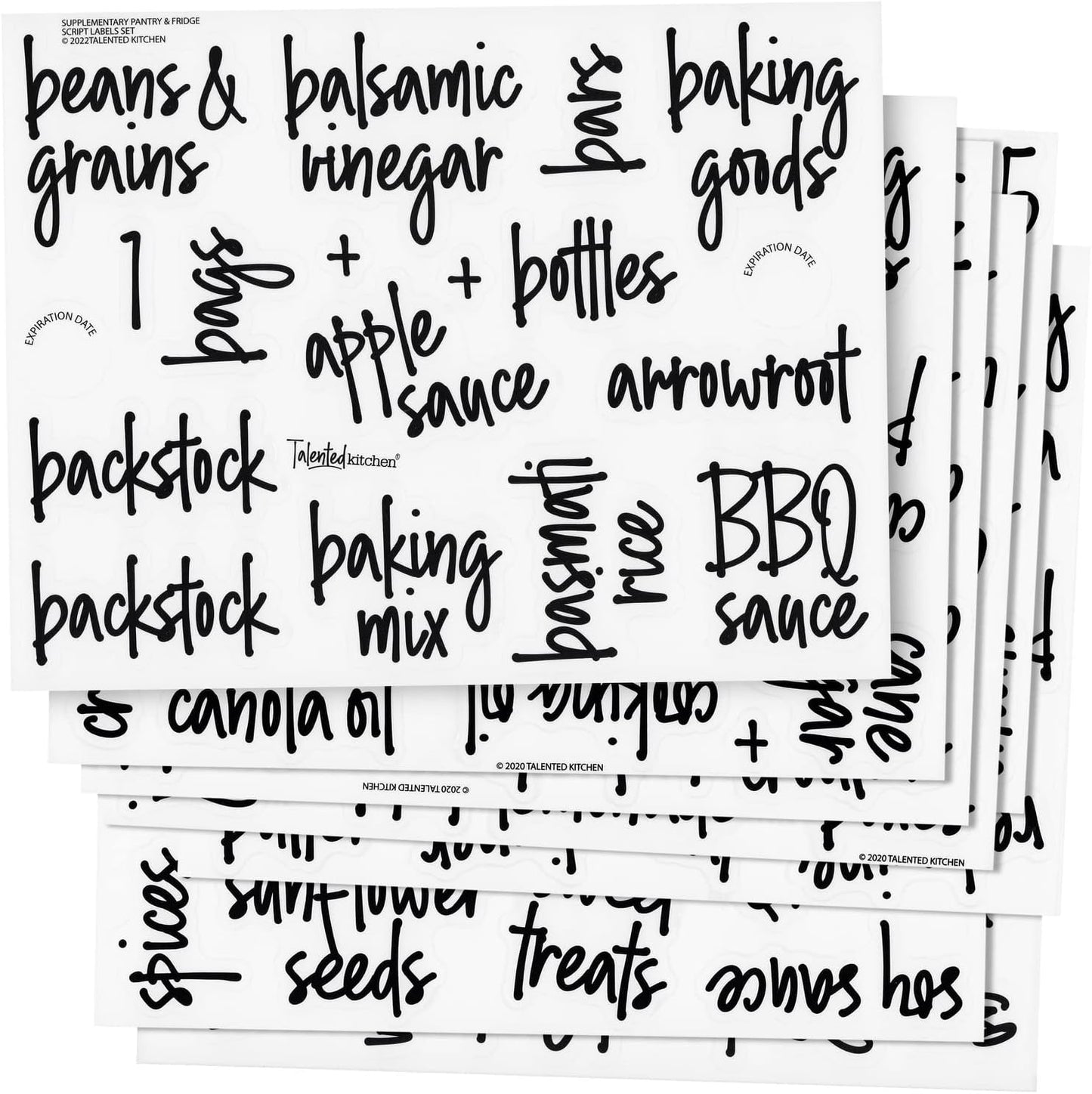 Talented Kitchen 158 Food Container Labels - Durable Waterproof Adhesive - Clear Script Sticker Design for Pantry & Fridge - Freezer Labels & Symbol Stickers - Clear & Black Laminated Paper