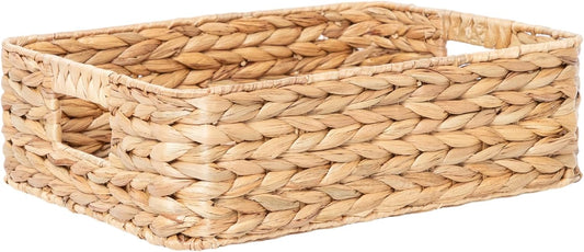 YAHUAN Pantry Basket, Water Hyacinth Storage Basket with Handles Shallow Basket for Organizing, Shelves, Pantry Organizers and Storage, 15.35"L x 11.8"W x 4.72"H (Brown)