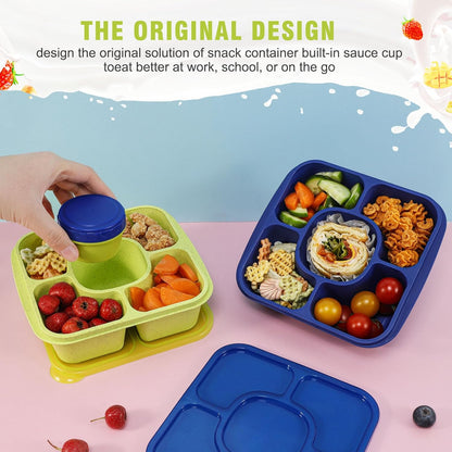 Original Lunchable Snack Containers - 5 Compartments Bento Snack Boxes with 1 Leakproof Small Containers, Wheat Straw, BPA-Free, Set of 2 (Bule+Pink)