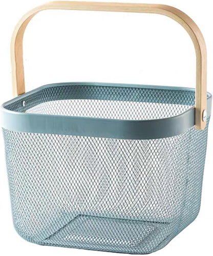 AJIODA Metal Mesh Wire Basket, Large Steel Basket with Wooden Handle Storage Organizer Basket Multi-functional Hanging Kitchen Baskets Fruit Baskets for Kitchen Bathroom Cabinet Pantry Snacks, Black