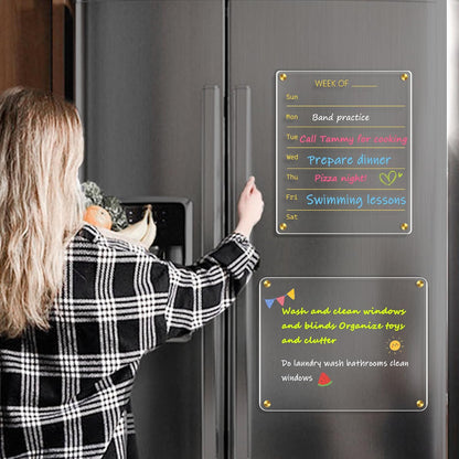 WALGLASS Acrylic Calendar for Fridge, 8.5"x11" Gold Weekly Clear Acrylic Magnetic Dry Erase Board for Refrigerator, Set of 2 Stronger-Magnetic Reusable Fridge Planner, Includes 8 Liquid Chalk Markers