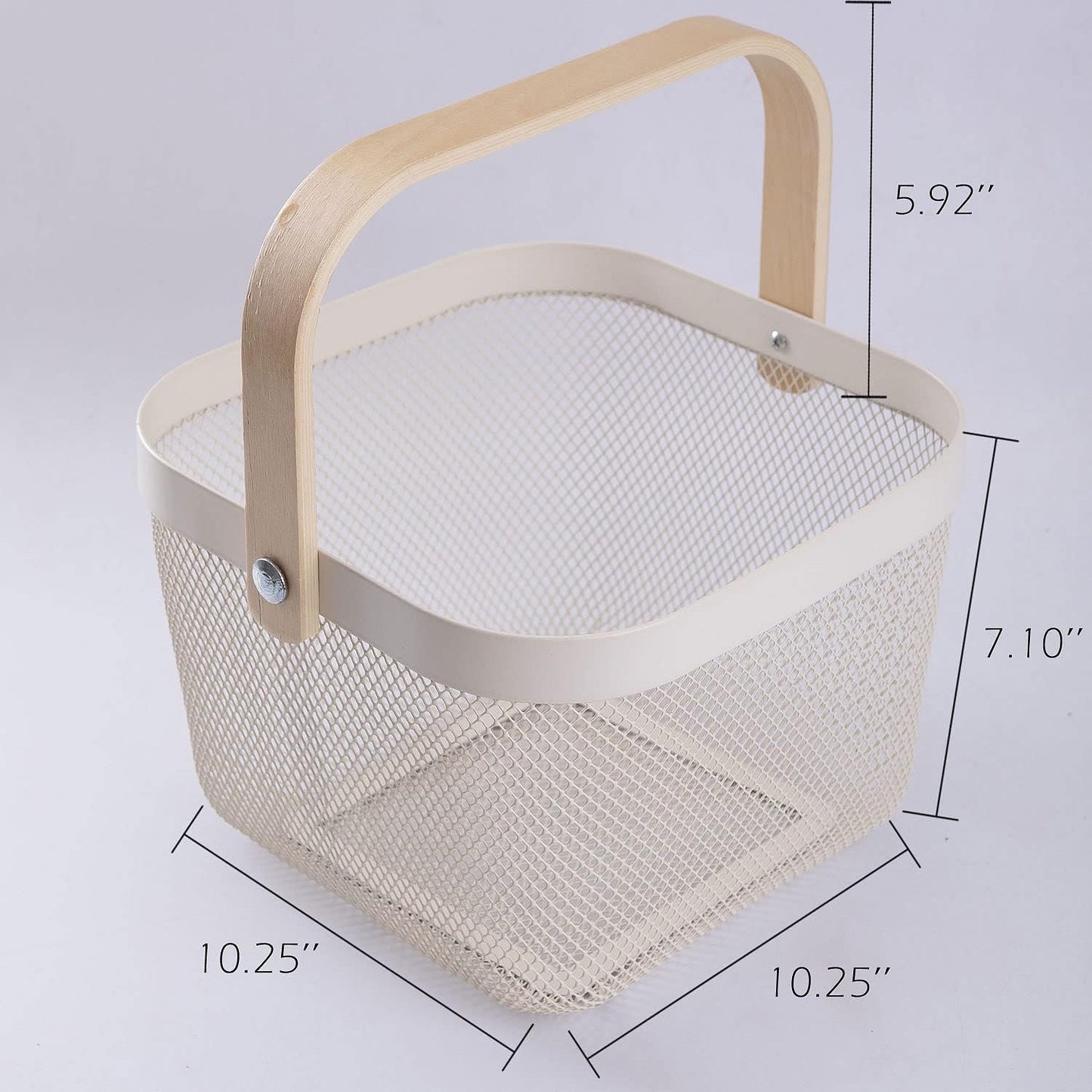 IBWell Square Metal Wire Woven Fruit Storage Bowl Basket with Wooden Handle, Large Black Mesh Fruit Stand, Multi-function Hanging Kitchen Baskets (White, Normal)