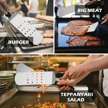 Metal Spatula Set, HaSteeL Stainless Steel Griddle Spatula Tools Kit with Wooden Handle, Heavy Duty Long Pancake Flipper Burger Turner for BBQ Teppanyaki Flat Top Grilling Cooking Outdoor & Indoor