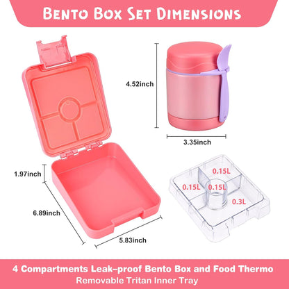 Pawtong Bento Lunch Box Set With 10oz Soup Thermo, Leak-proof Lunch Containers with 4 Compartment, Kids Hot Thermo Food Jar/Insulation Lunch Bag, Food Containers for School（Dinosaur）