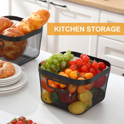 MorningRo 6 Pack Metal Mesh Basket with Hollow Handles Black Wire Storage Bin for Organizing Stackable Metal Fine Mesh Basket for Pantry Bathroom Kitchen Cabinets Shelves (Medium)
