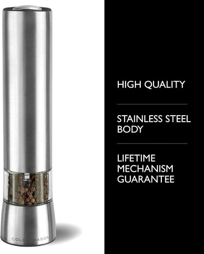 Cole & Mason Hampstead Electronic Pepper Mill - Electric Pepper Grinder Set - Adjustable Electric Spice Grinder - Hand Wash - Stainless Steel