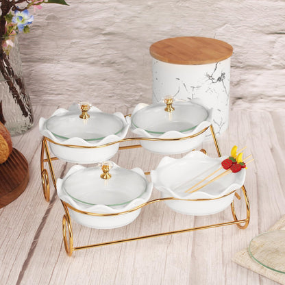 Candy bowl Ceramic Condiment Bowl with lid Metal Tray, 4 Removable small bowls with glass lid relish plate for Snack, Nuts,candies and condiments - for birthday, parties, Holiday gift