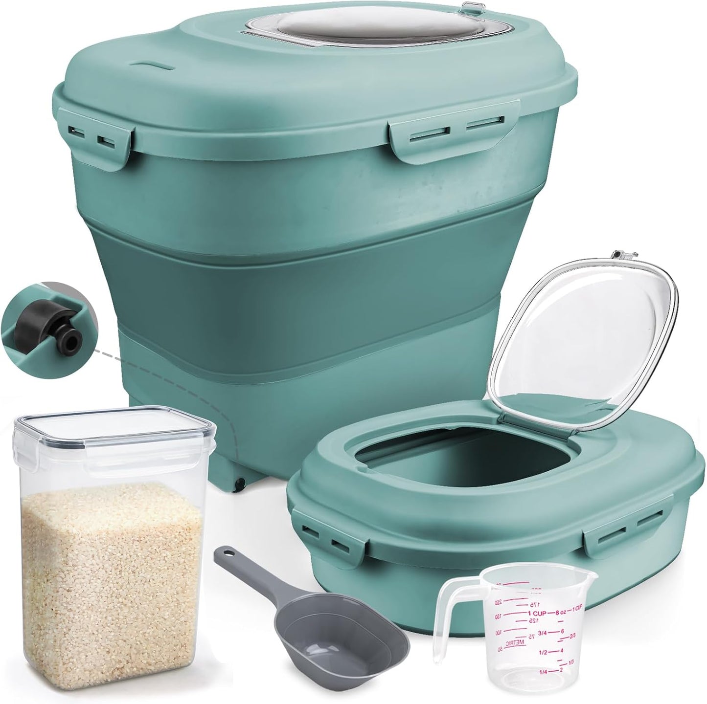Komzon Rice Storage Bin Cereal Containers, 13-50lb Collapsible Rice Container Dispenser with Transparent Lid, Rolling Wheels, Measuring Cup and Scoop, Airtight Dog Cat Pet Food Storage Container White