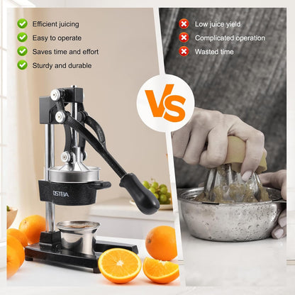OSTBA Cast Iron Manual Citrus Juicer, Heavy Duty Hand Press Orange Juicer with Stainless Steel Cup & Strainer, Commercial Grade Lemon Squeezer for Orange, Lemon, Lime, Grapefruit, Pomegranate