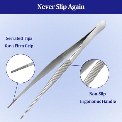 12-inch Stainless Steel Cooking Tongs & Tweezers, Non-Slip Grip & Serrated Tips for Grilling, Baking, Garnishing, BBQ, Kitchen & Craft Use (Round Tip)