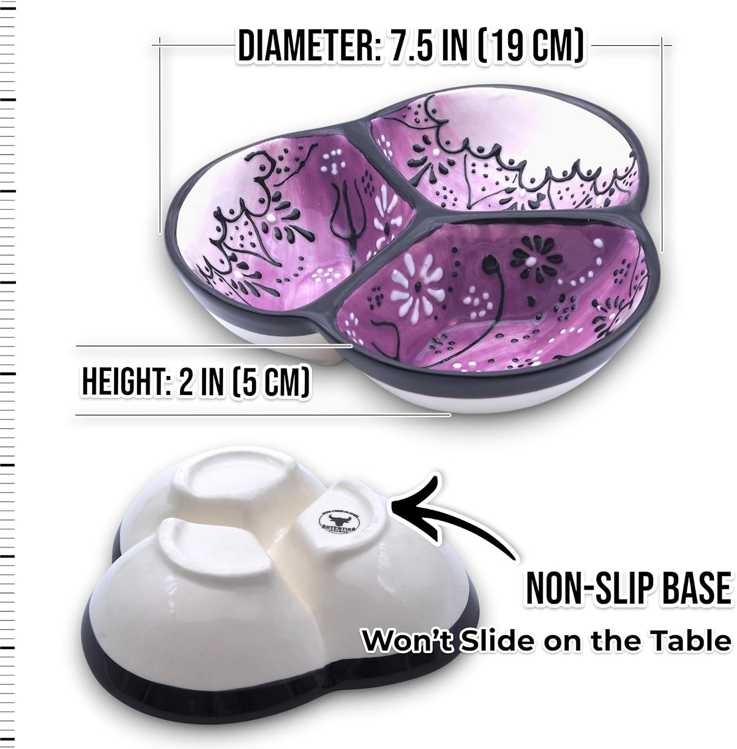 Ceramic Chip & Dip Bowl 7.5”, 3-Compartment Divided Serving Dish & Condiment Tray for Appetizers – Handmade in Spain, Lead-Free Glaze, Microwave, Oven & Dishwasher Safe