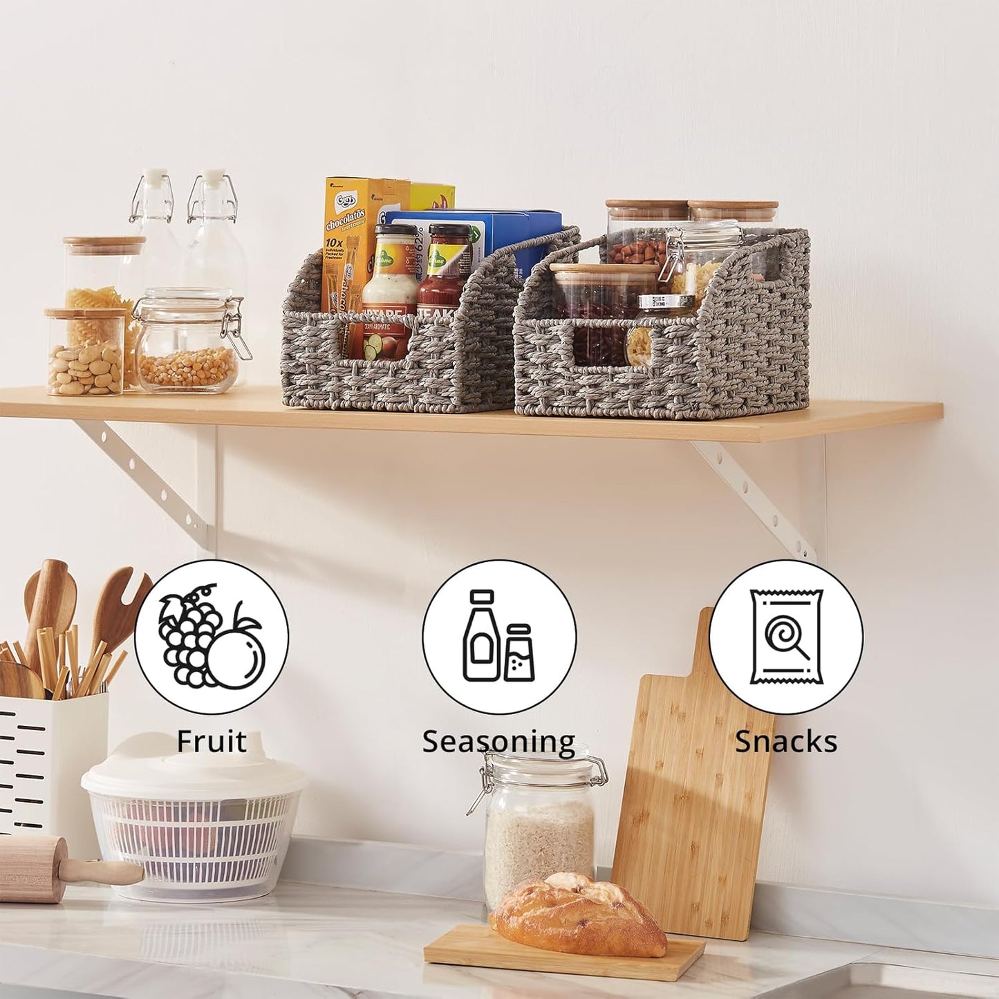 OIAHOMY Pantry Baskets for Organizing, Paper Rope Baskets with Built-in Handles, Wicker Storage Bins for Shelves, 2 Pack-Yellow