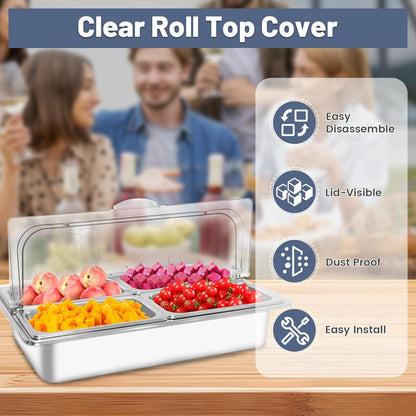 Countertop Ice Food Serving Display Tray with 4 Pan, Salad Bar Buffet Station for Home, Cold Food Buffet Server, Pizza Topping Station, Cold Buffet Table Serving Station for Party