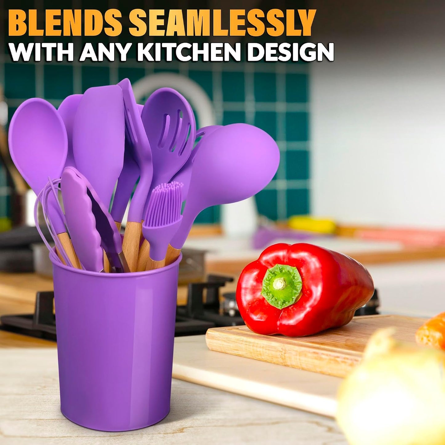 14 PCs Black Silicone Cooking Utensils Set with Holder - Versatile Kitchen Utensils with Sturdy Wooden Handles - Heat Resistance Silicone Kitchen Utensil Set with Holder for All Cooking & Baking Needs