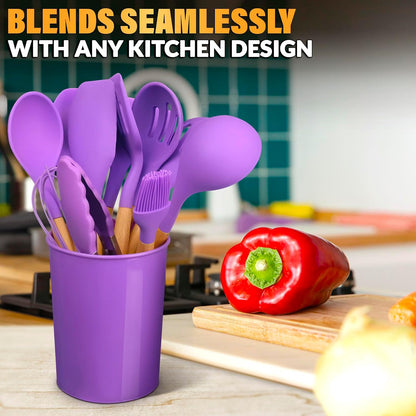 12 Pcs Purple Kitchen Utensils Set with Holder for Nonstick Cookware - Silicone Cooking Utensils Set, Kitchen Tools for Daily Cooking - Wooden Handle Cooking Tools for Baking Serving and Mixing Tasks
