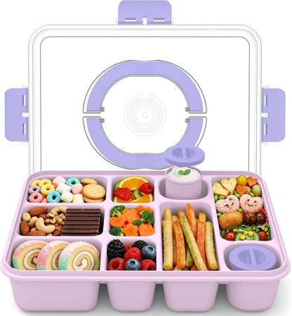 Snackle Box Container for Adults with 10 Compartment, Divided Serving Tray with Lid and Handle and 2 Sauce Containers, Portable Snack Box Container for Charcuterie Party Travel, Purple
