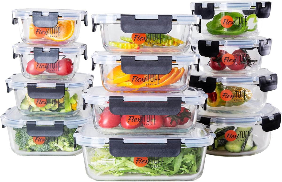 24pcs Set Food Storage Containers (12 Airtight & 12 Lids) | Glass Meal Prep Containers | Lunch Box | BPA Free, Leakproof Lids, Dishwasher, Microwave & Freezer Safe for Kitchen