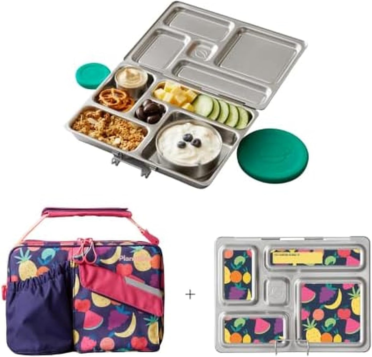 PlanetBox Rover Stainless Steel Bento Box Style Lunch Box Kit for Kids with 5 Compartments – Space Animals Edition includes Insulated Lunch Bag, Leakproof Food Containers and Matching Magnets