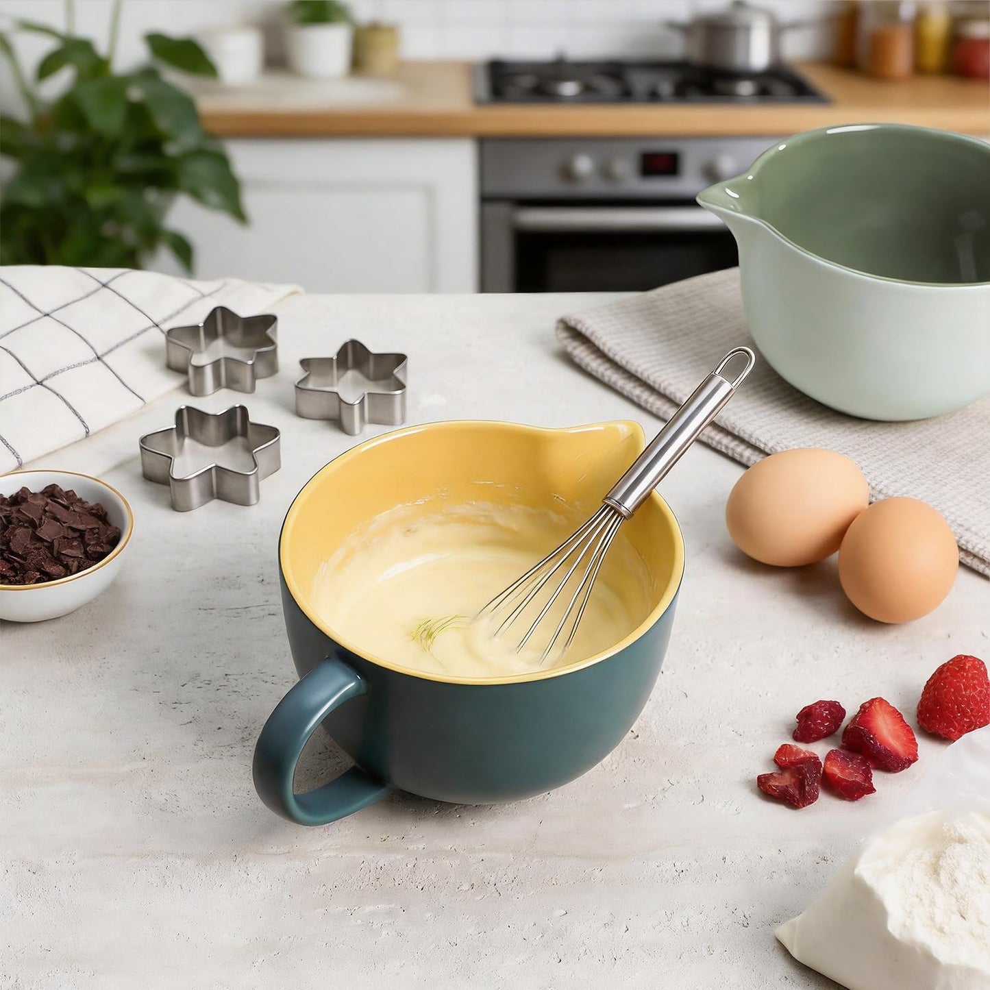 Gaolinci Simple Solid Color Kitchen Ceramic Mixing Bowl, 1 Quart Large Bowl, with Pouring Spout and Handle