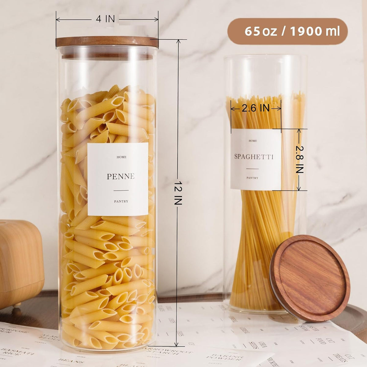 2 Pack Glass Rice Containers with Acacia Wood Lids, 70oz Airtight Flour and Sugar Jars with 105 Labels, Large Glass Pantry Storage Jars for Cereal, Protein Powder, Cookies, Dry Food