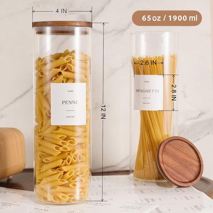 2 Pack Glass Rice Containers with Acacia Wood Lids, 70oz Airtight Flour and Sugar Jars with 105 Labels, Large Glass Pantry Storage Jars for Cereal, Protein Powder, Cookies, Dry Food