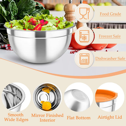 TeamFar Mixing Bowls, Stainless Steel Nesting Salad Bowls with Lids Set of 3 & 3 Grater Attachments, For Mixing/Serving/Storing, Non-toxic & Long-lasting, Size 4.6/3 / 1.5 QT, Black