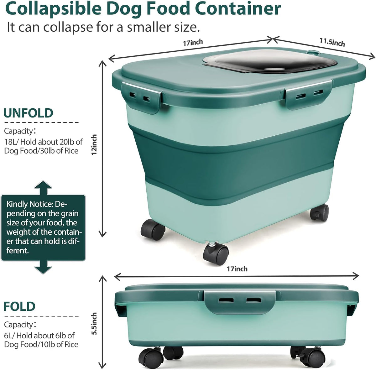 Viretec Dog Food Storage Container, 10-20Lbs Collapsible Pet Food Storage Containers with Rolling Wheel Airtight Locking Lid, Dry Food Storage Bin with Cup and Scoop,Suitable for Pet Food, Rice, Flour