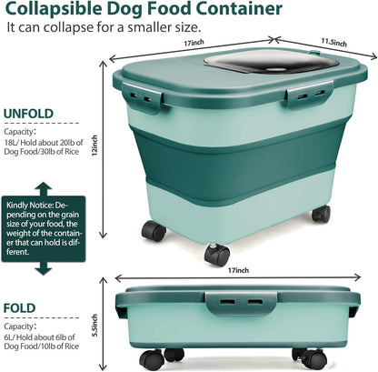 Viretec Dog Food Storage Container, 10-20Lbs Collapsible Pet Food Storage Containers with Rolling Wheel Airtight Locking Lid, Dry Food Storage Bin with Cup and Scoop,Suitable for Pet Food, Rice, Flour