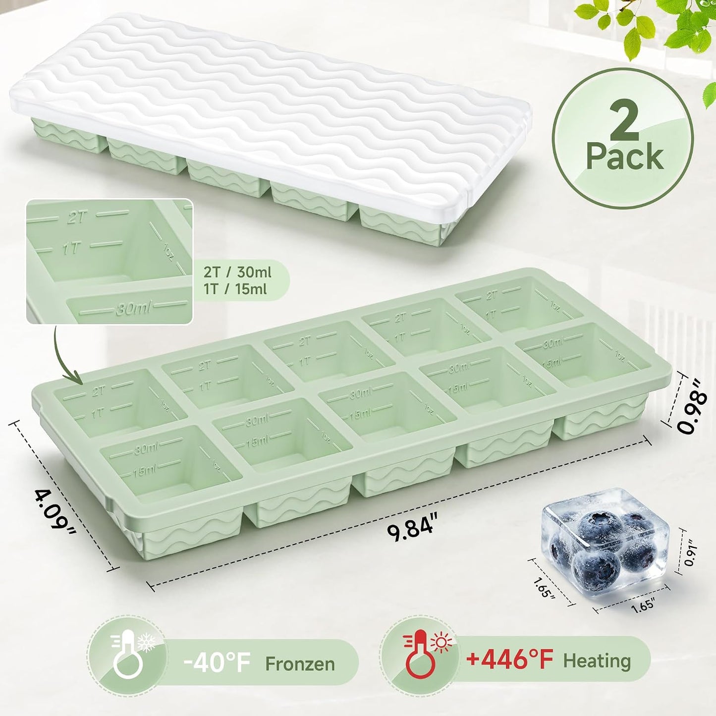 Silicone Freezer Trays with Lid for Soup, 1-Cup & 2-Cup Large Ice Cube Molds Food Storage Containers for Meal Prep, Freeze 500mL/250mL/125mL Portions – 2 Pack