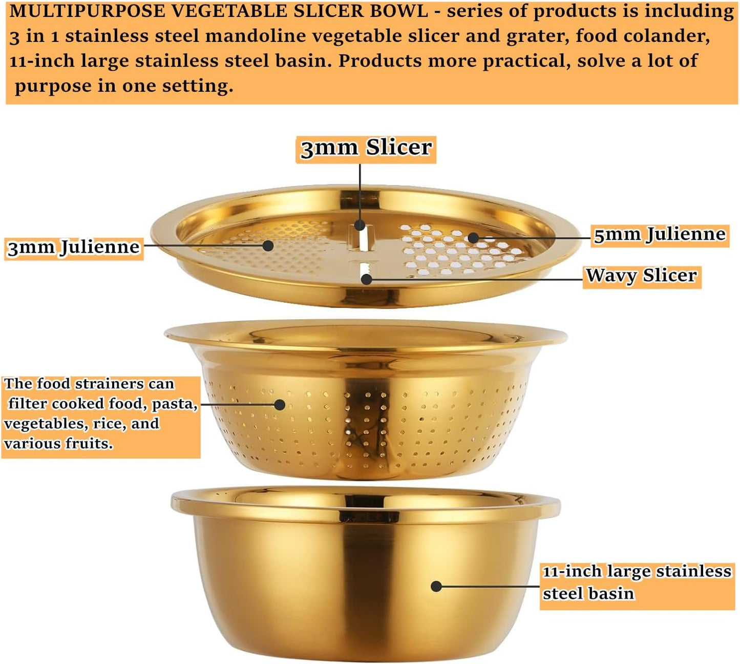 3PC/Set Colander set Stainless Steel Vegetable Slicer Fruit Potato Peeler Carrot Grater Strainer Utensil Round Rice Washer Bowl Drain Basket-Gold