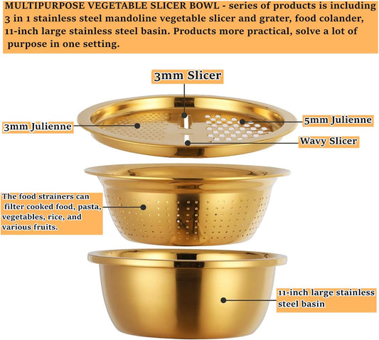 3PC/Set Colander set Stainless Steel Vegetable Slicer Fruit Potato Peeler Carrot Grater Strainer Utensil Round Rice Washer Bowl Drain Basket-Gold