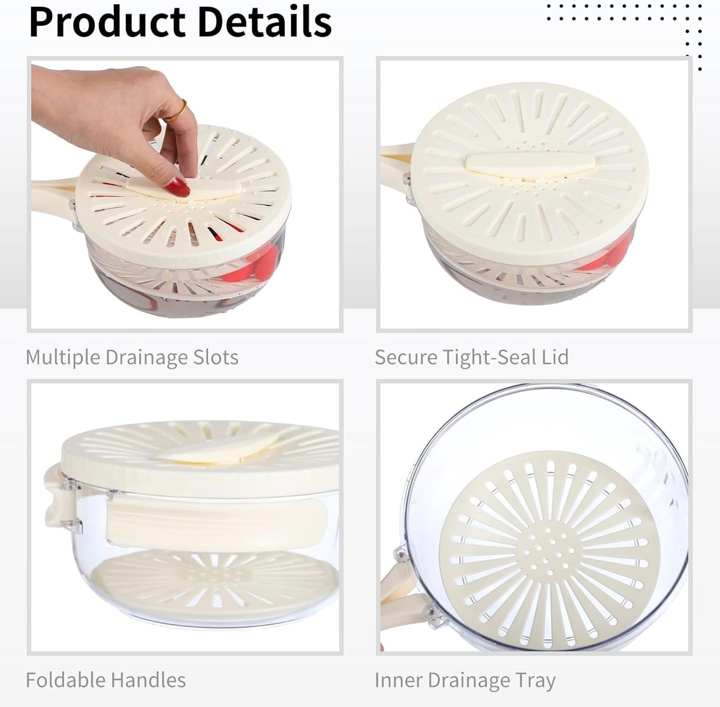 2 Pcs Fruit Washing Bowls, Multifunctional Veggie Colander with Foldable Handles, Fruit Strainer and Storage Bowl with Lid, Food Storage Container for Fridge or Outdoor Picnic